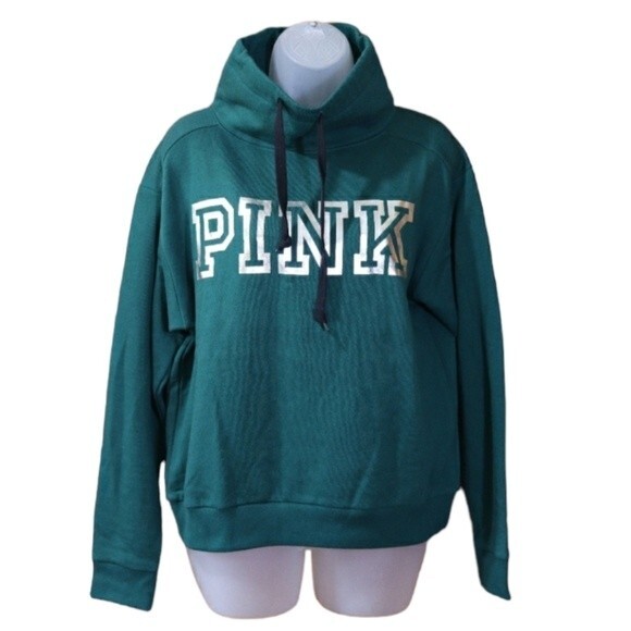 Pink Dark Green Metallic Silver Spellout Chest Logo Cowl Neck Pullover XS - Picture 1 of 9